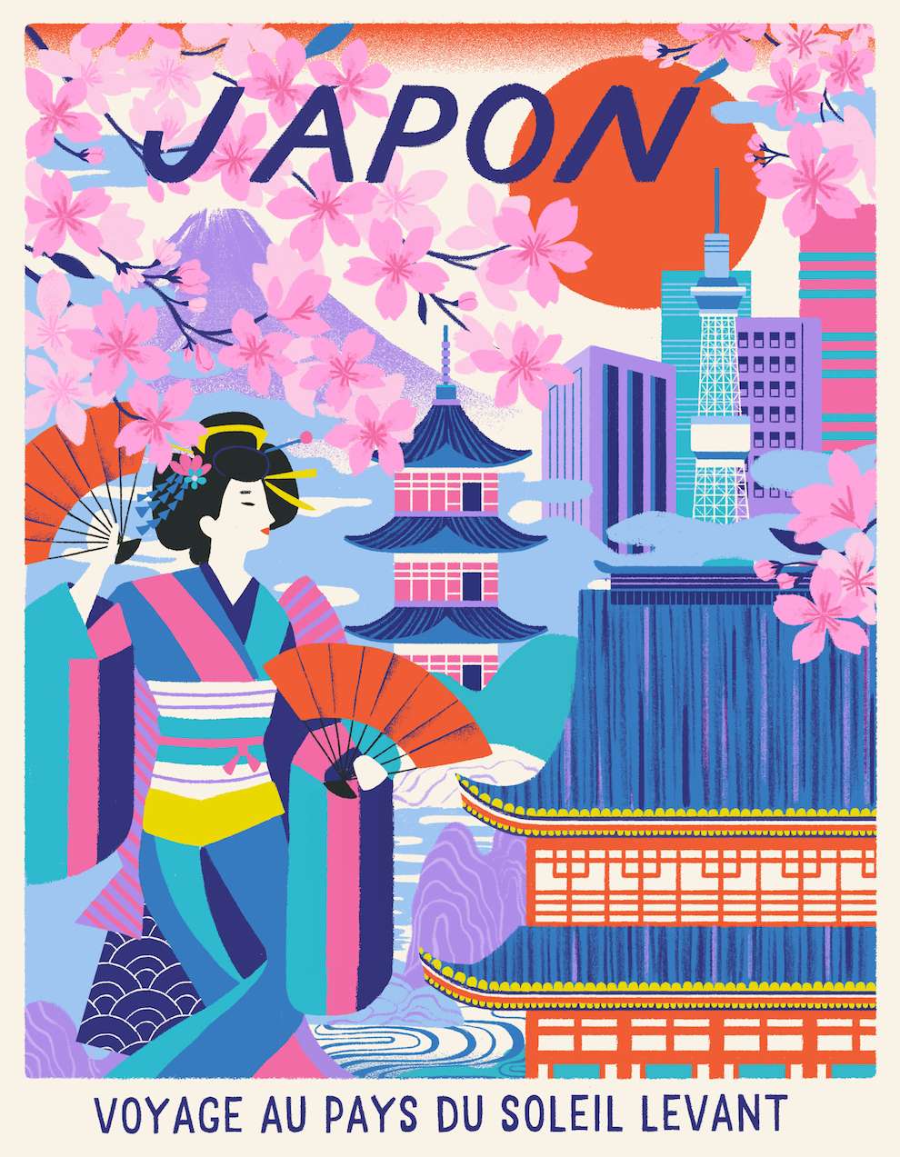 Tatiana Boyko, Textural digital illustration of Japan landscape with floral details 